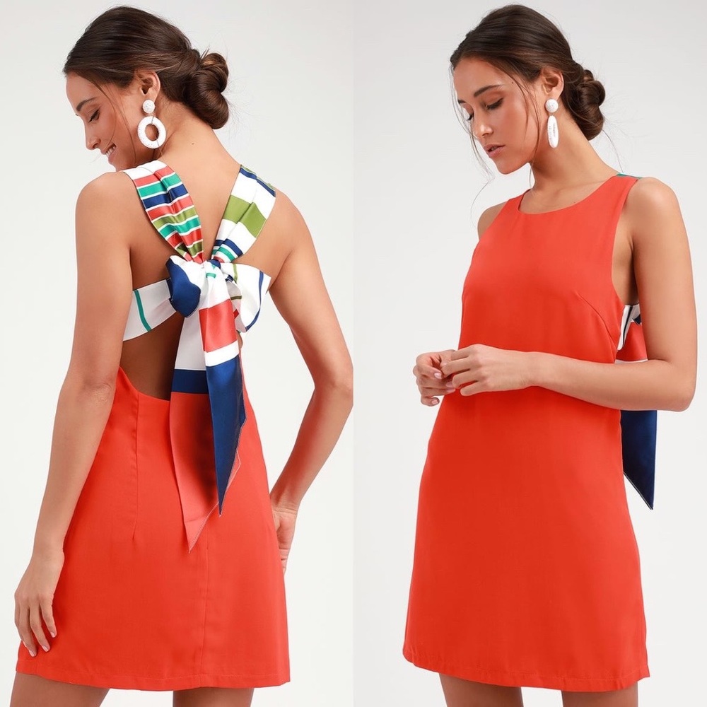 Lulu's Coral-Orange Mini Dress with Striped Back Bow